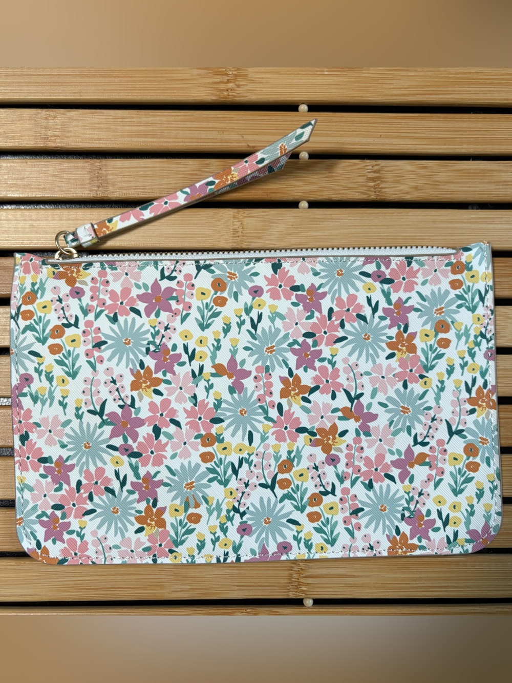 NWOT Faux Leather Floral Zip Wristlet Clutch - Pink & Green